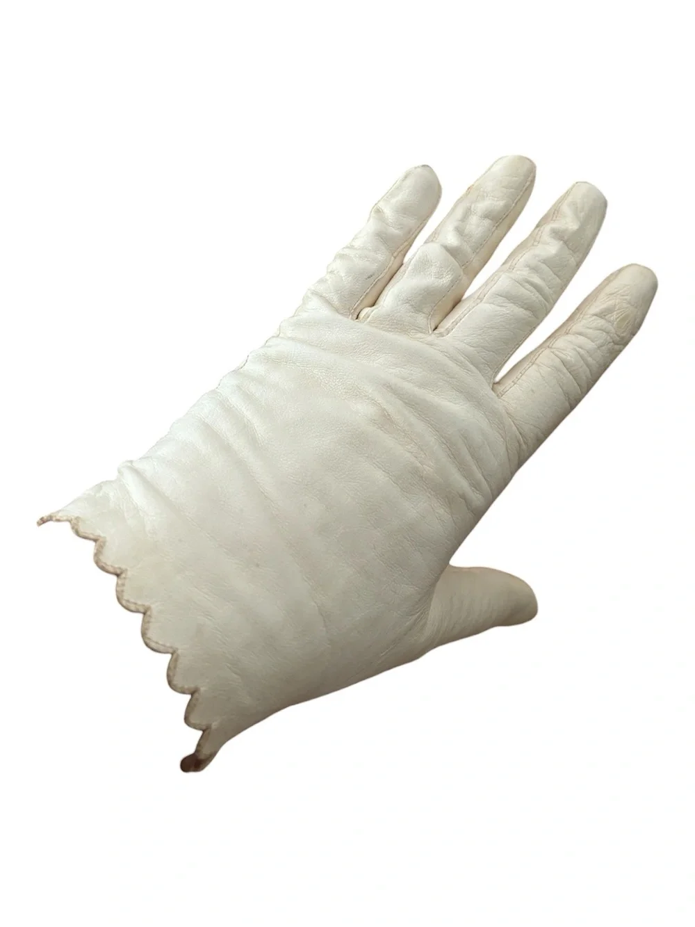 50s MISS ARIS IVORY LEATHER GLOVES W SCALLOPED EDGE SOPHISTICATE MCM VIBE SZ 8